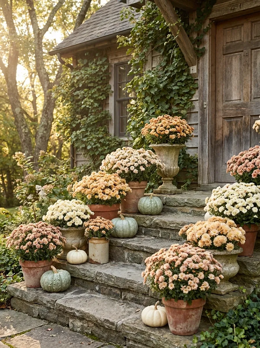 Cottage Steps Filled With Loose, Natural Mum Clusters