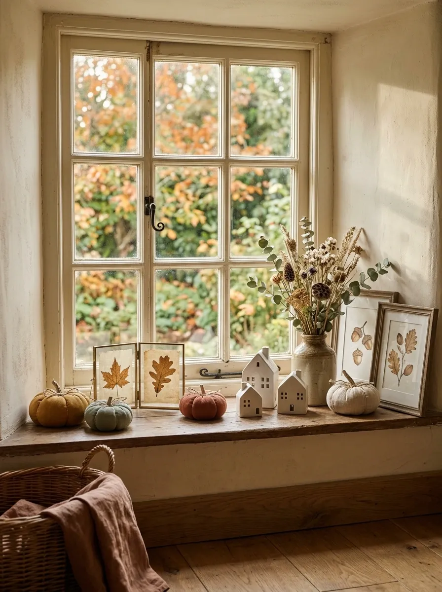 Cottage Window Ledge With Handmade Autumn Details