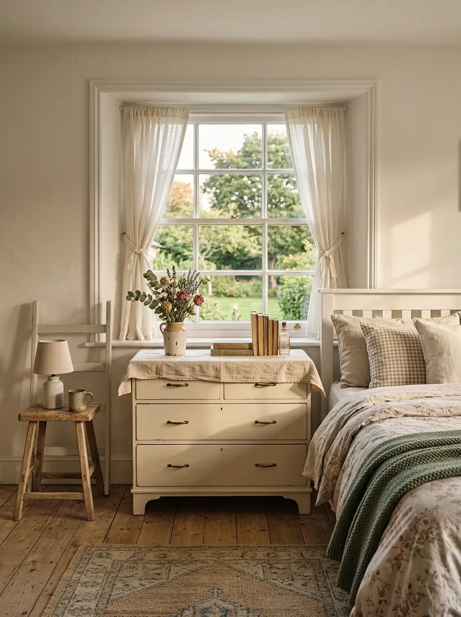 Country Bedroom With a Painted Window Chest
