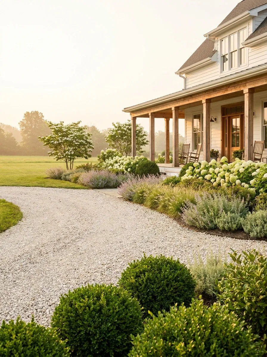 Country Farmhouse Drive With Layered Shrubs