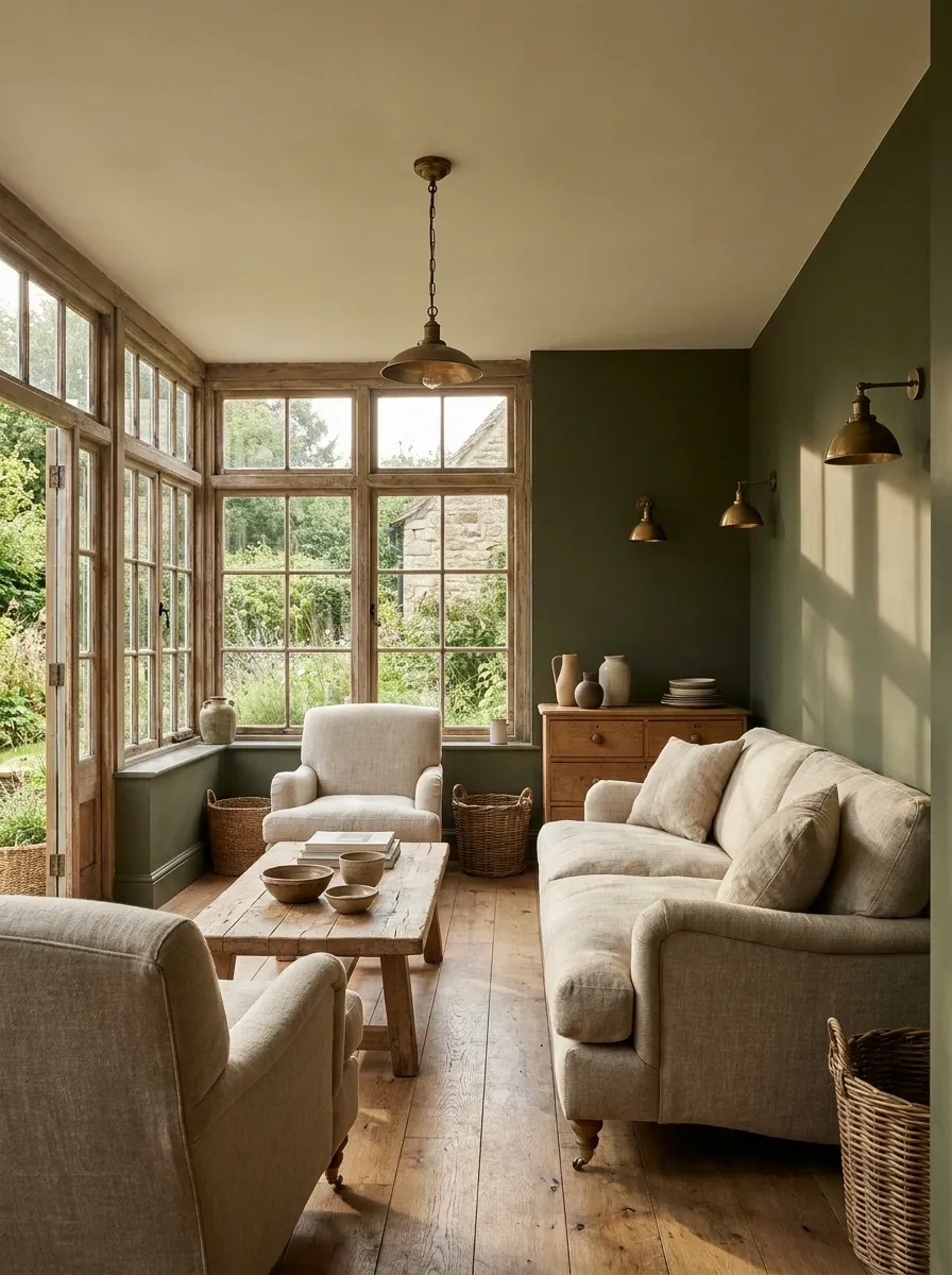 Countryside Garden Room With Olive Green and Natural Linen