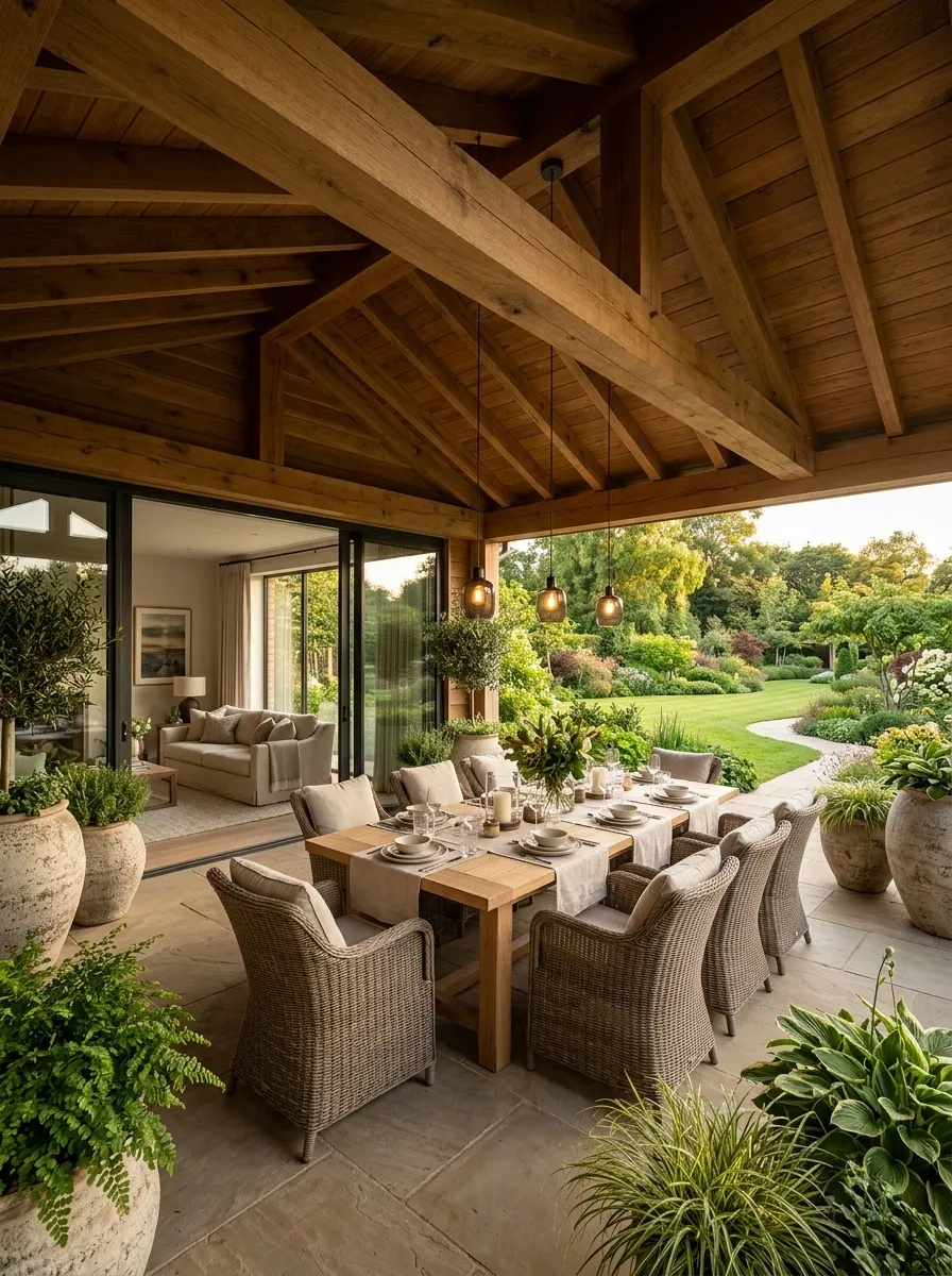 Covered Back Patio With a Deep Timber Roof and Outdoor Dining