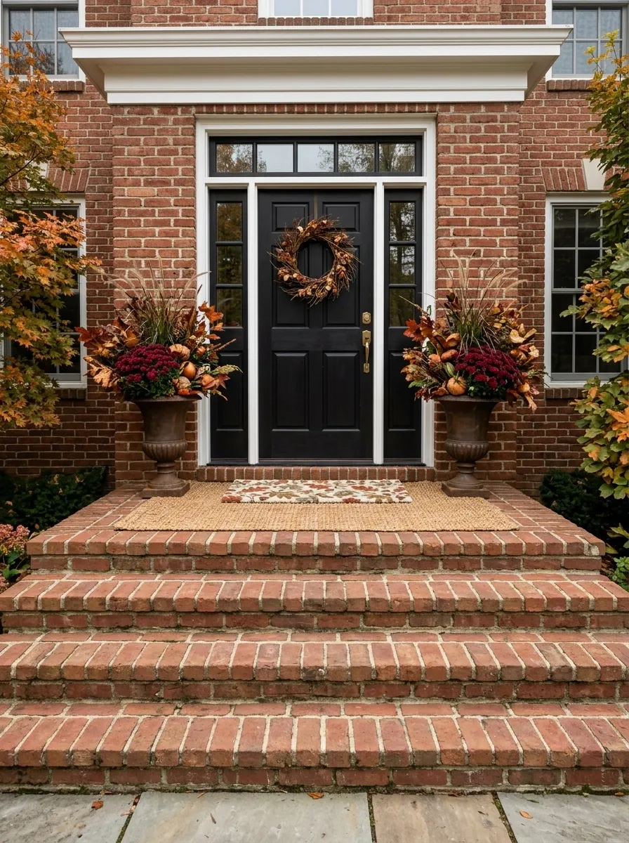 Covered Brick Steps With Simple Layered Fall Mats
