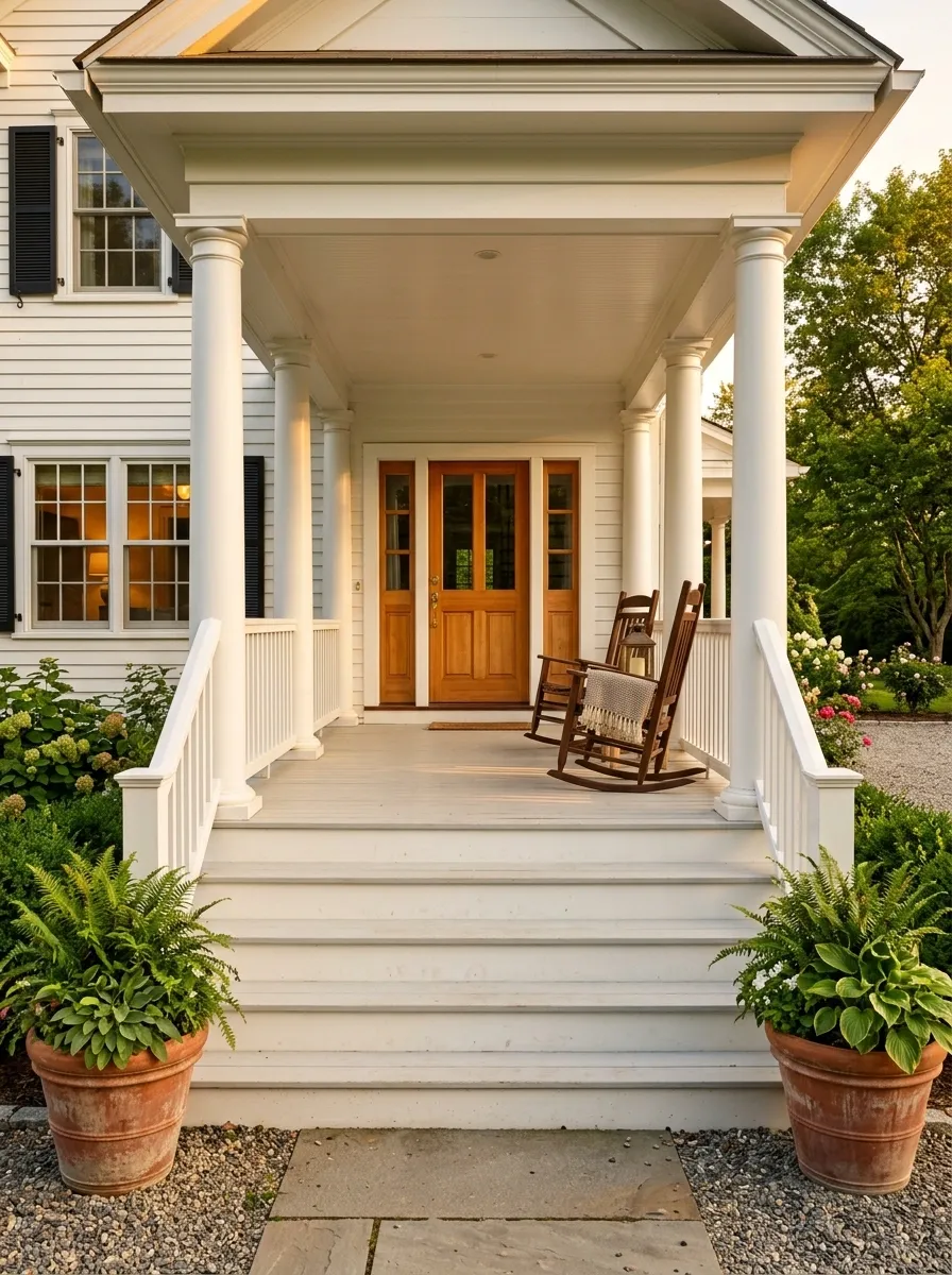 Covered Farmhouse Steps With Rocking Chairs