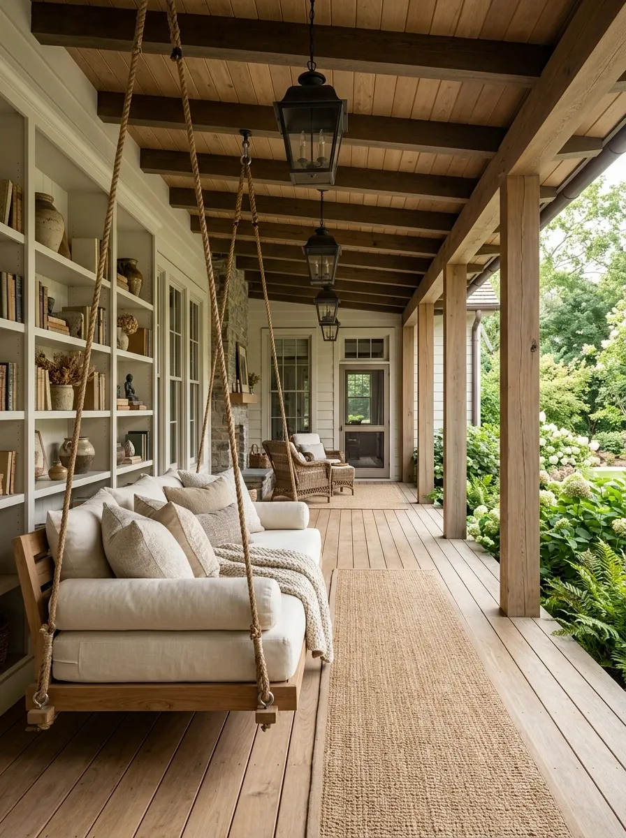 Covered Porch With Built-In Daybed Swing and Library Shelves