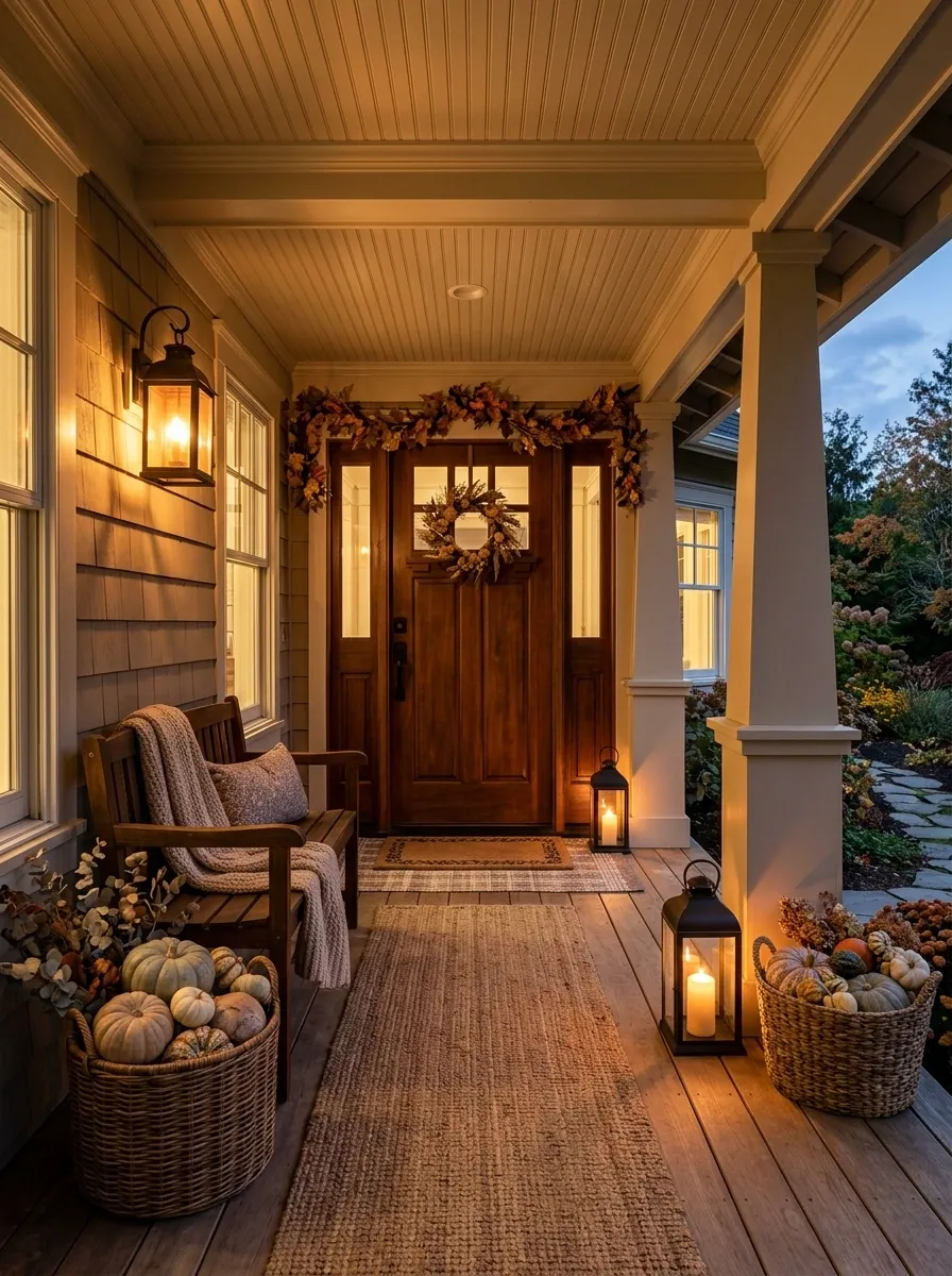 Covered Porch With Lantern-Lit Evening Fall Styling