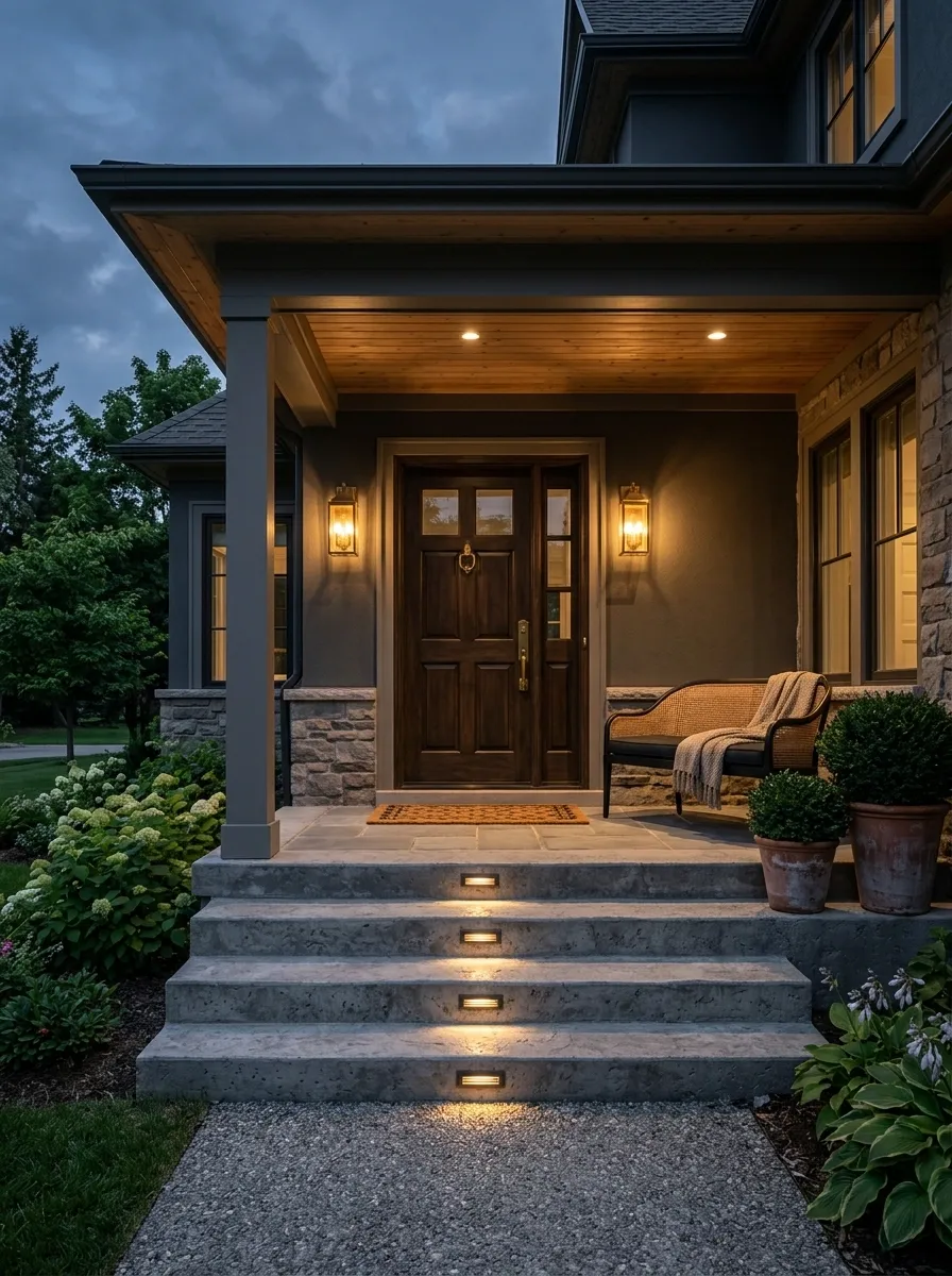 Covered Steps With Layered Evening Lighting