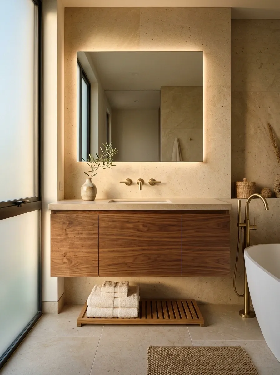 Cozy Bathroom With Limestone, Walnut, and Soft Lighting