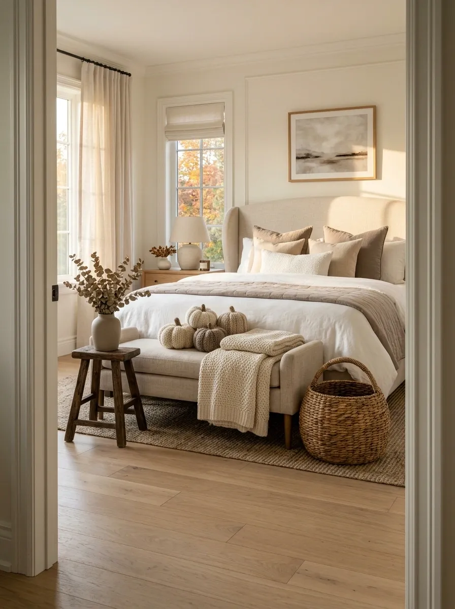 Cozy Bedroom Bench With Knitted Pumpkins and Linen