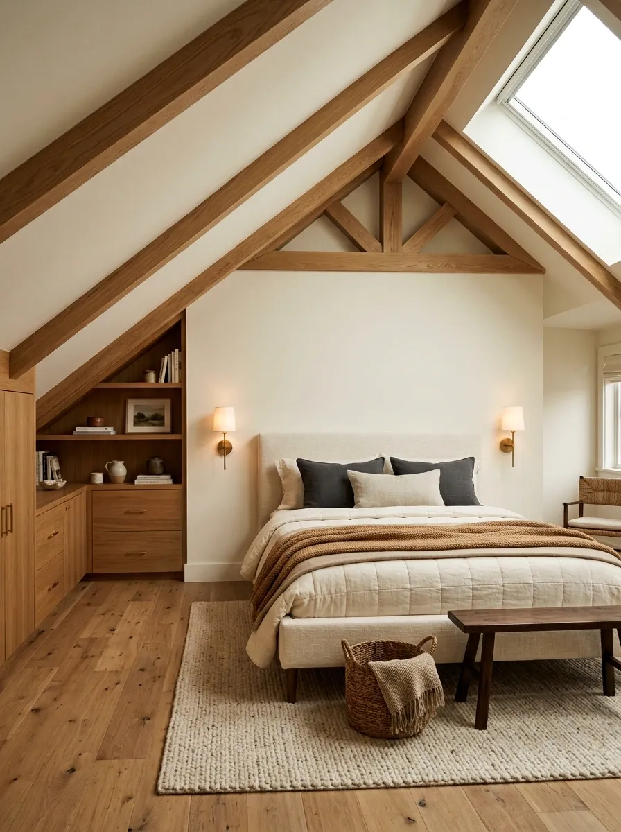 Cozy Bedroom Under a Sloped Ceiling With Built-In Storage