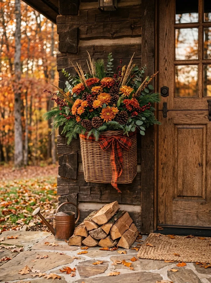 Cozy Cabin Porch Basket With Pinecones And Plaid