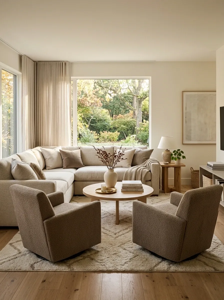 Cozy Corner Living Room With a Small Sectional and Two Recliners
