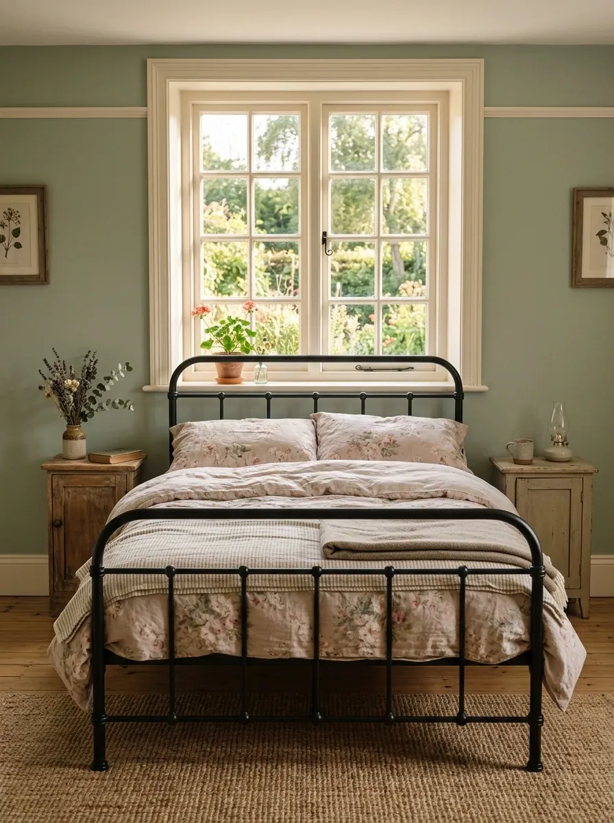 Cozy Cottage Bedroom With a Painted Window Wall and Iron Bed