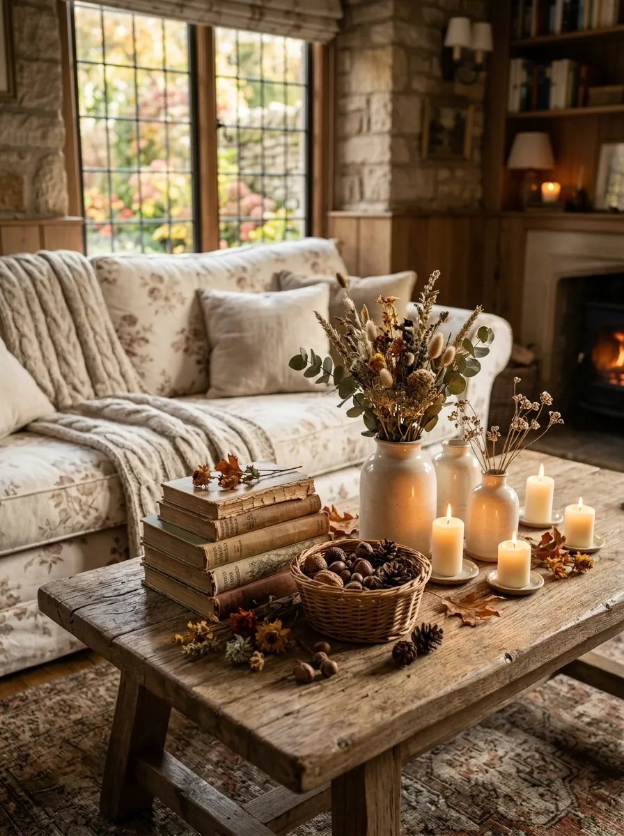 Cozy Cottage Coffee Table With Books and Candles