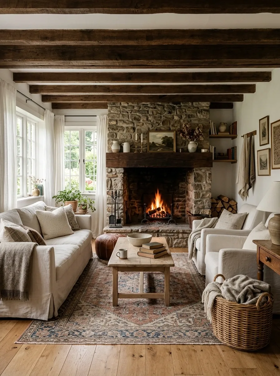 Cozy Cottage Living Room With a Fireplace, Slipcovered Seating, and Exposed Wood