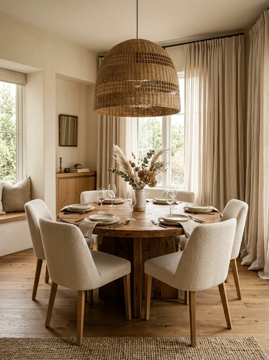Cozy Dining Room With a Round Table and Oversized Linen Curtains