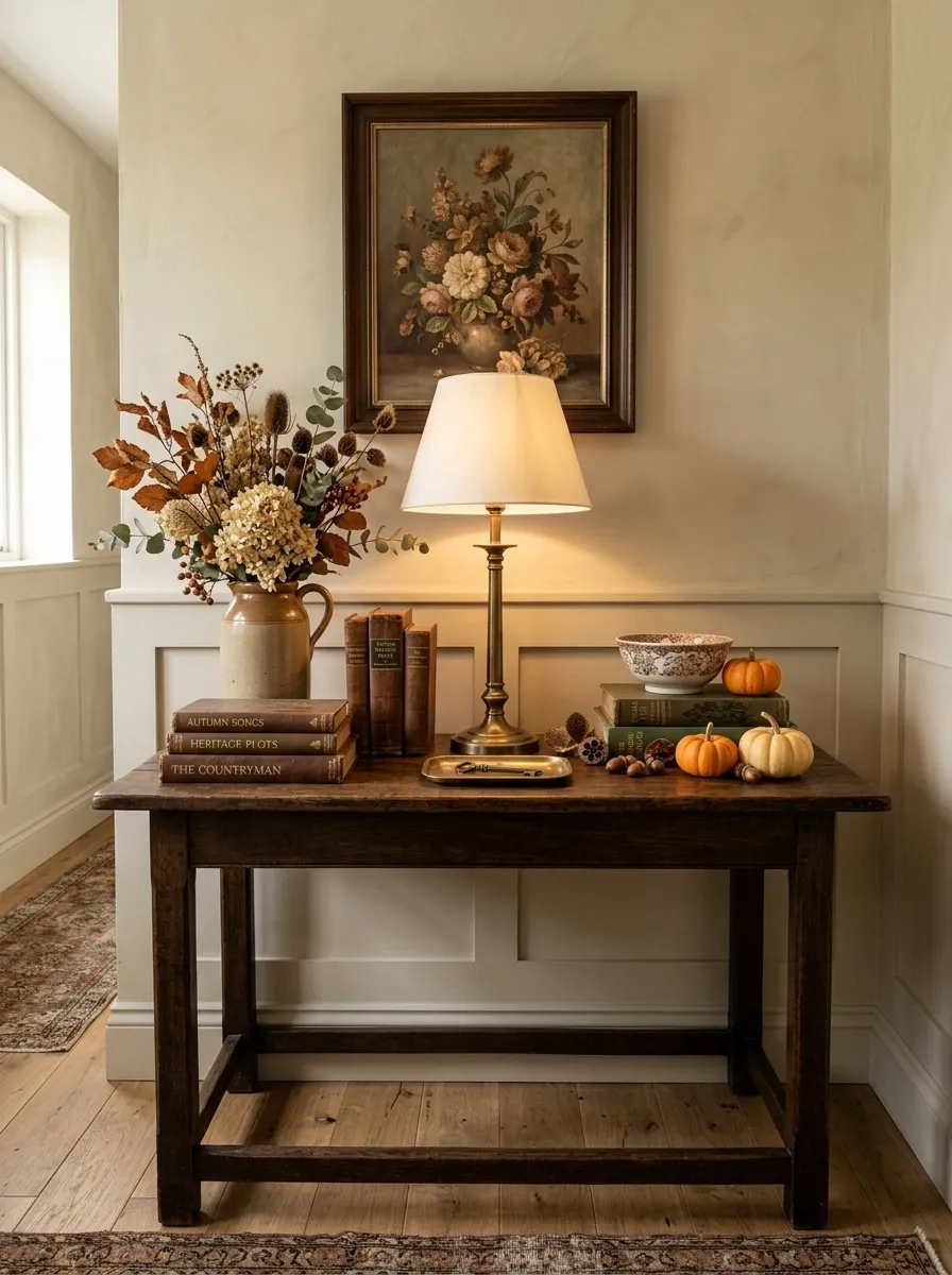 Cozy English Cottage Entry With Florals, Books, and Antique Brass