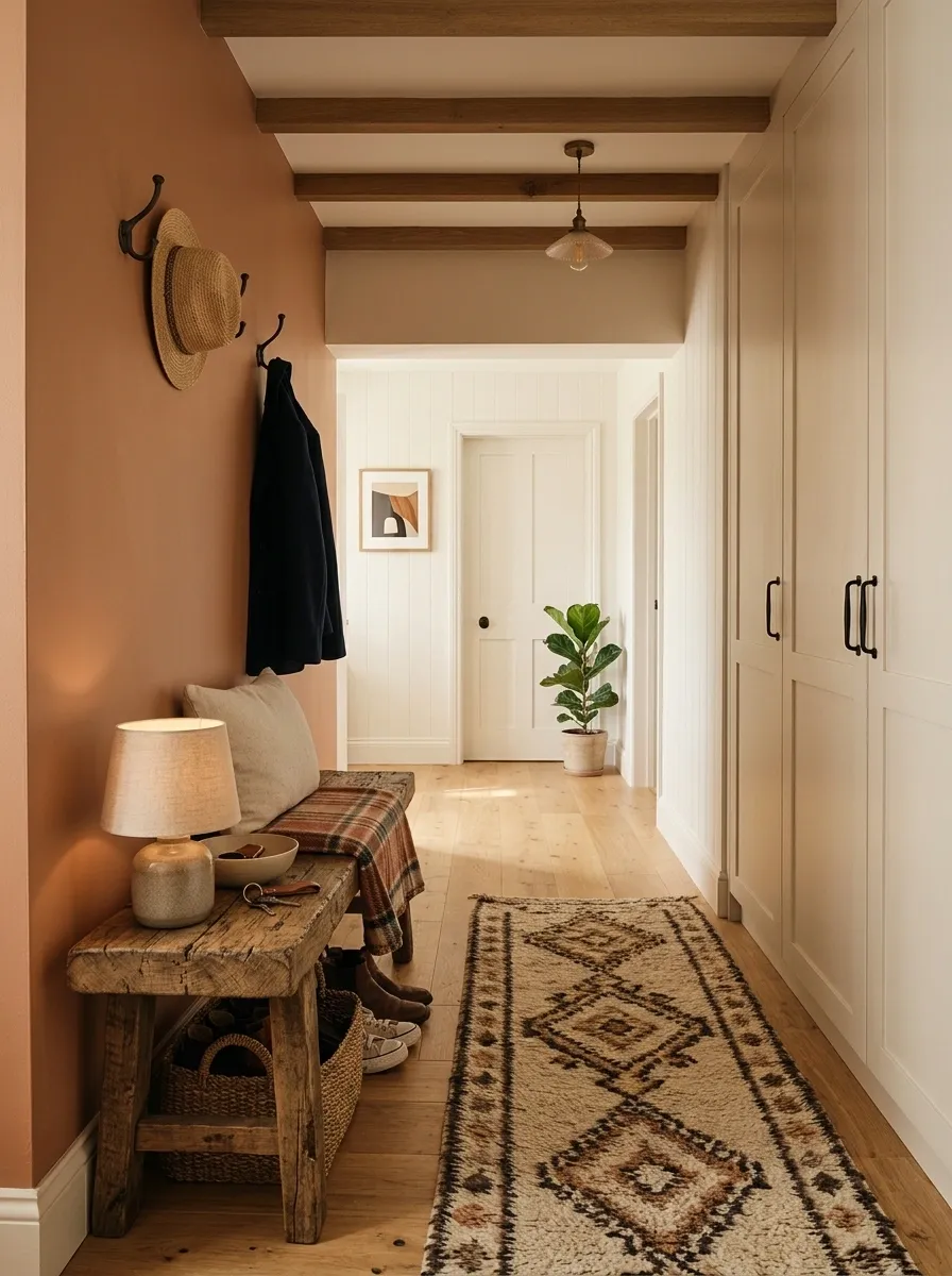 Cozy Entryway With a Wood Bench, Runner, and Warm Wall Color