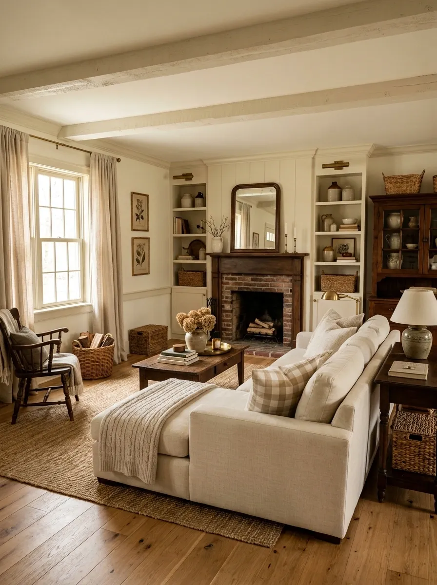 Cozy Farmhouse Room With Painted Trim and Oversized Upholstery