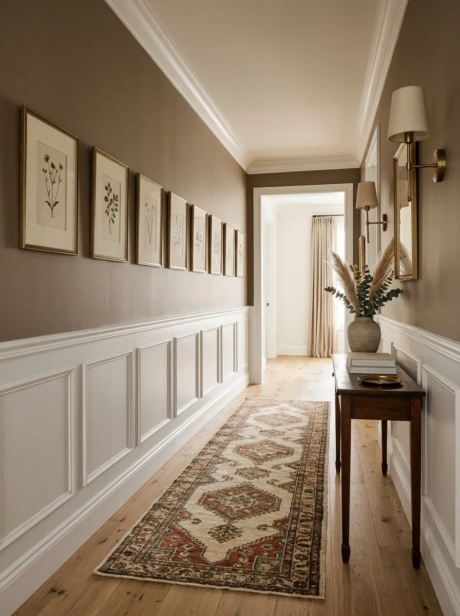 Cozy Hallway With Warm Paint, Framed Art, and Soft Lighting