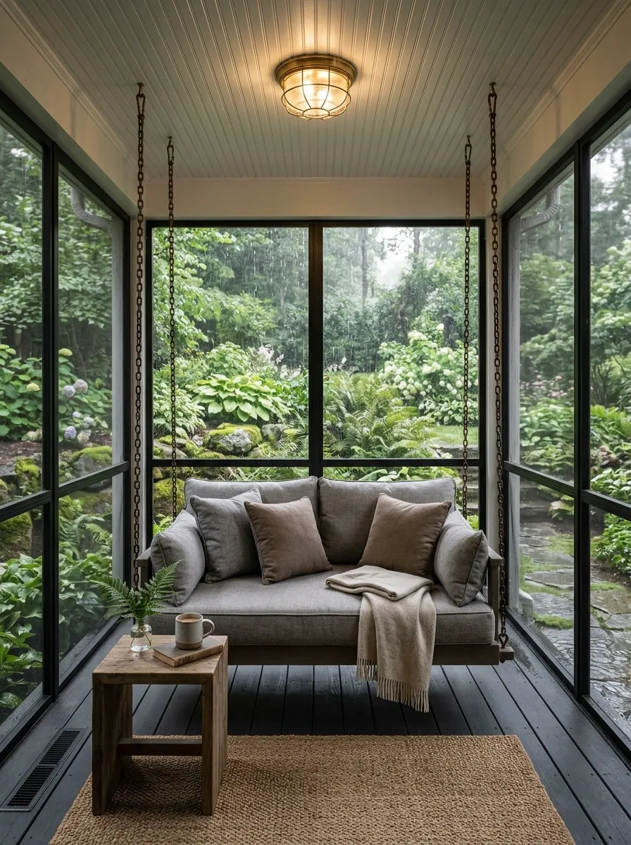 Cozy Rainy-Climate Porch With Deep-Cushion Swing and Enclosed Screens