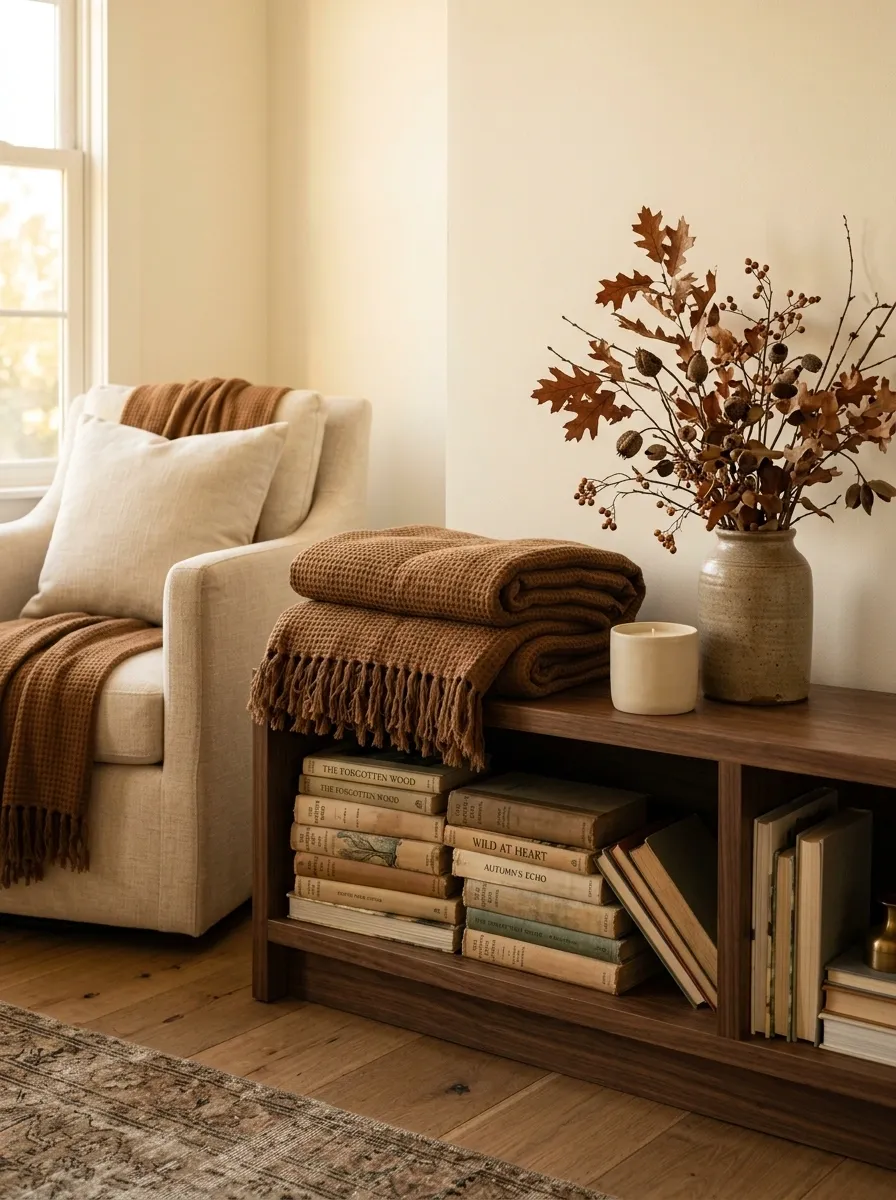 Cozy Reading Nook Shelf With Books, Candlelight, and Autumn Foliage