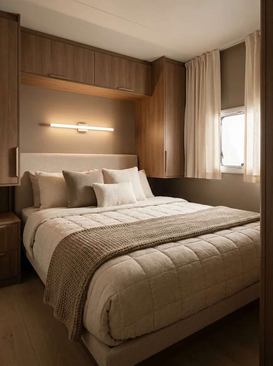 Cozy RV Bedroom With Layered Neutrals