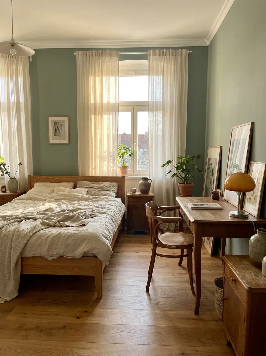 Cozy Sage Green Bedroom With a Vintage Desk Corner