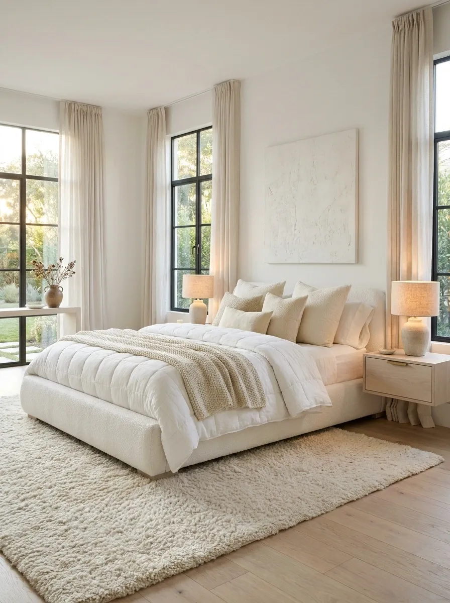 Cozy White Bedroom With Deep Pile Rug and Textured Bedding