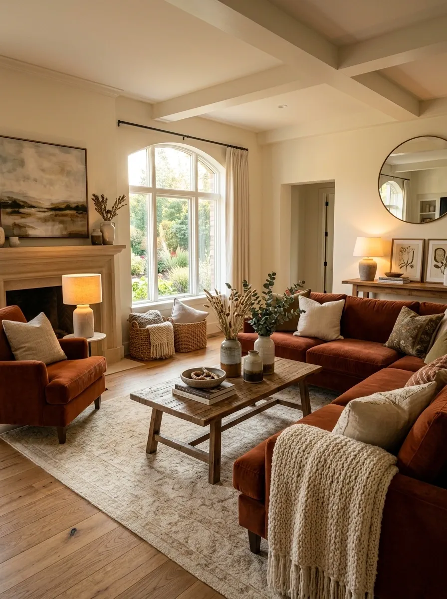 Cozy Winter-Inspired Room With Rust, Cream, and Natural Wood