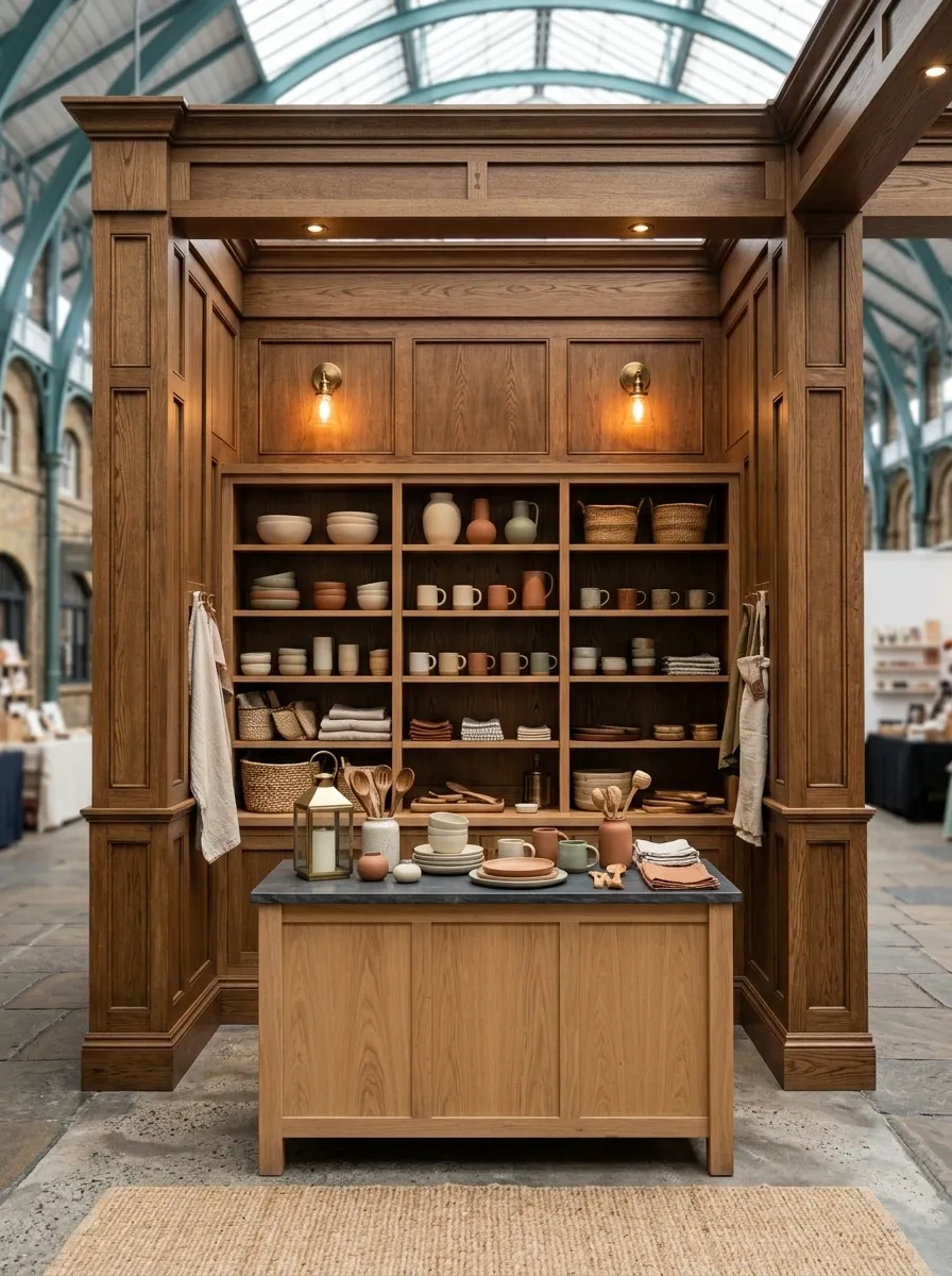 Craftsman-Inspired Booth With Built-In Cabinetry and Warm Lighting