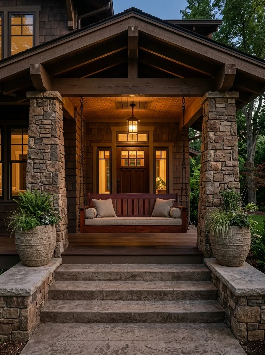 Craftsman Porch With Deep-Stained Swing and Stone Columns