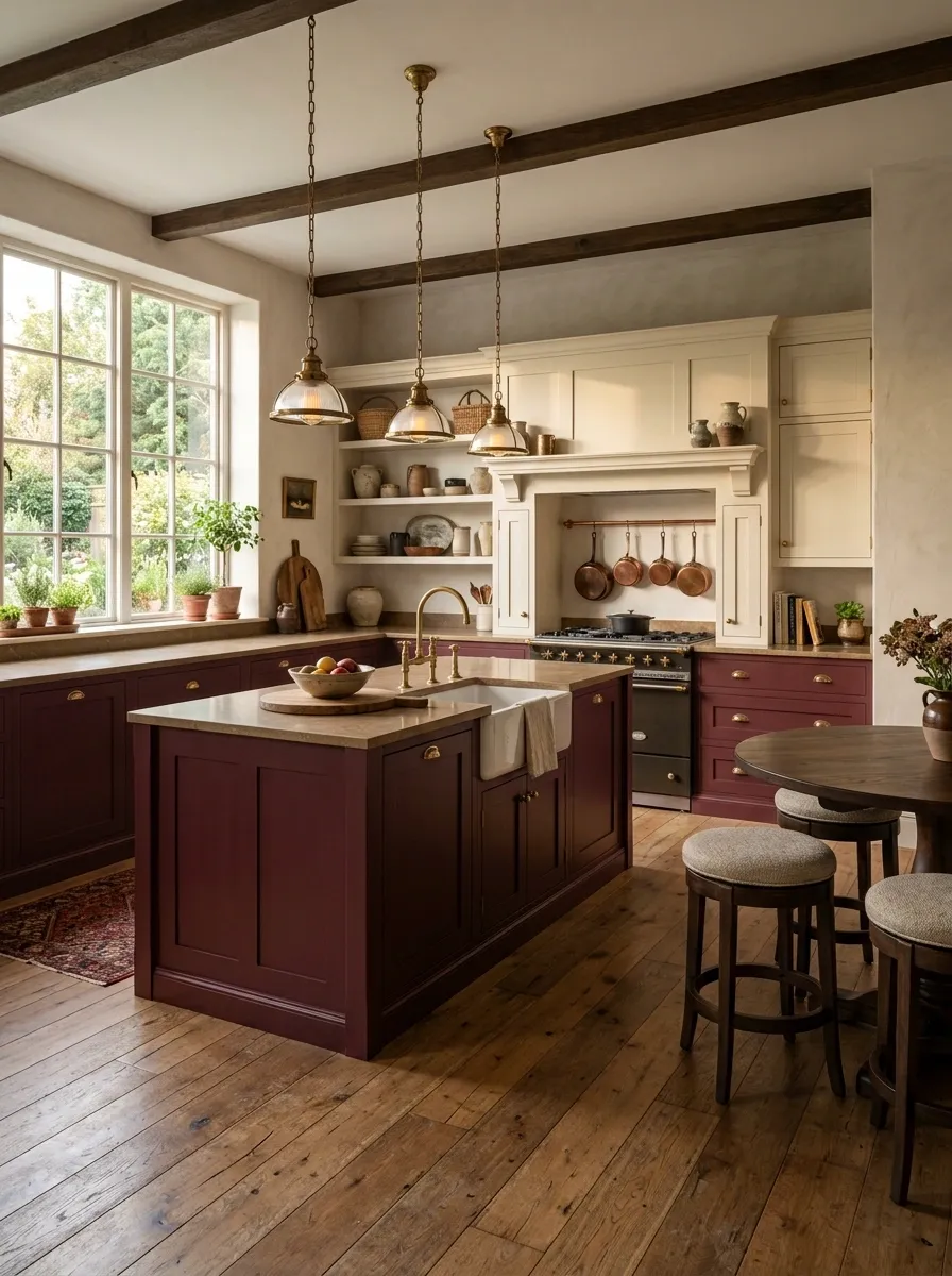 Cream and Burgundy Old-World Kitchen With Dark Wood