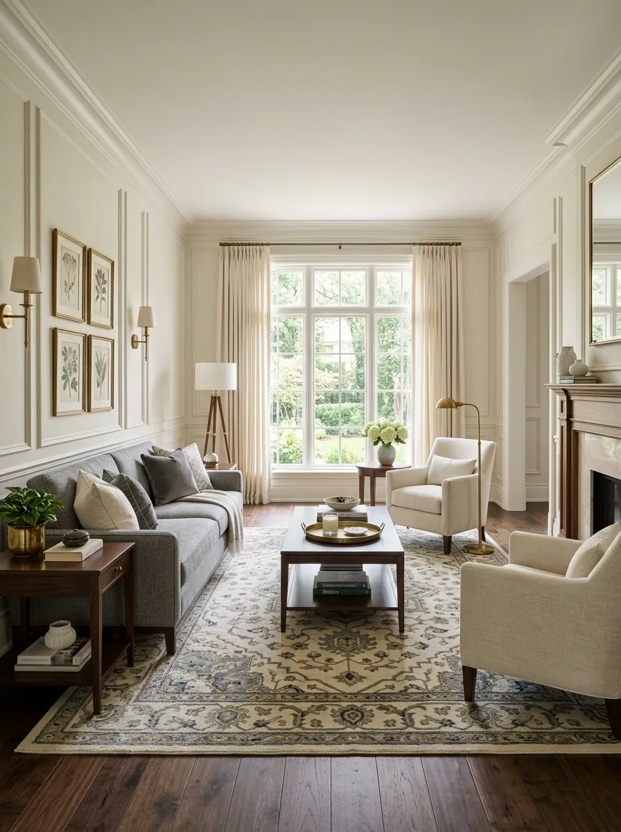 Cream and Grey Transitional Living Room With Classic Millwork