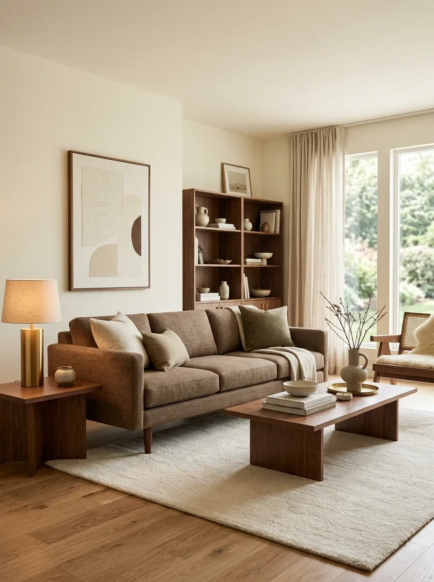 Cream and Walnut Living Room With a Mid-Brown Sofa