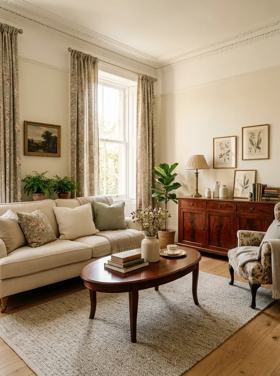 Cream Apartment With Cherry Wood and Vintage Florals