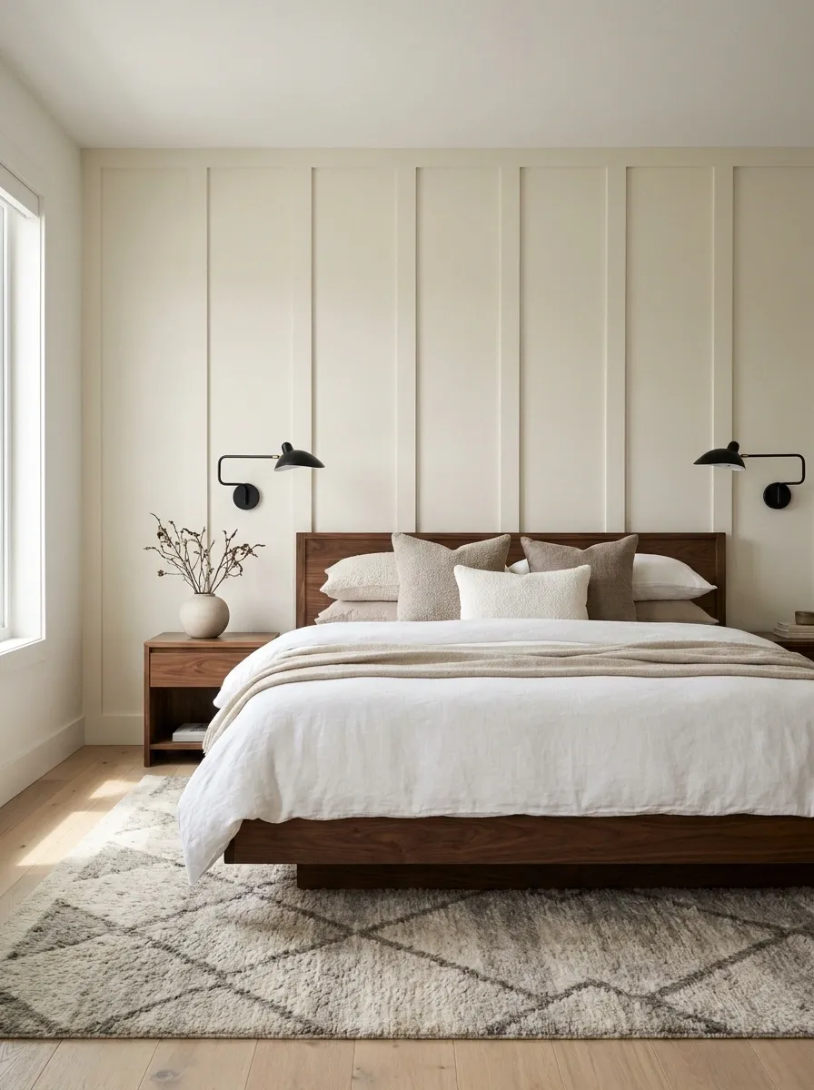 Cream Board-and-Batten Wall With a Dark Walnut Bed