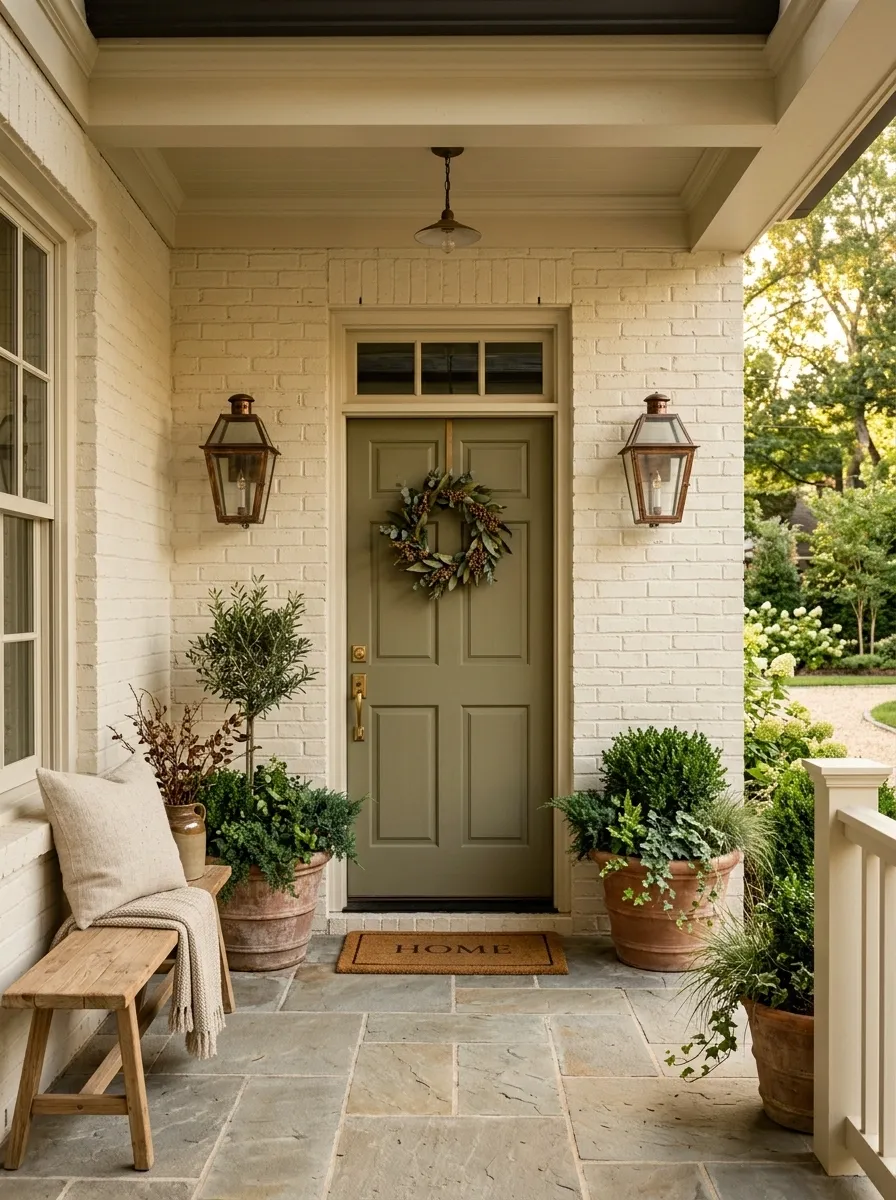 Cream Brick Porch With Olive Green and Burnished Bronze