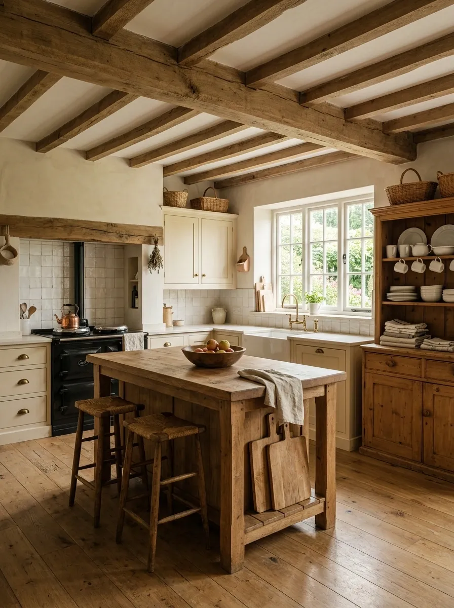 Cream English Country Kitchen With Oak Beams
