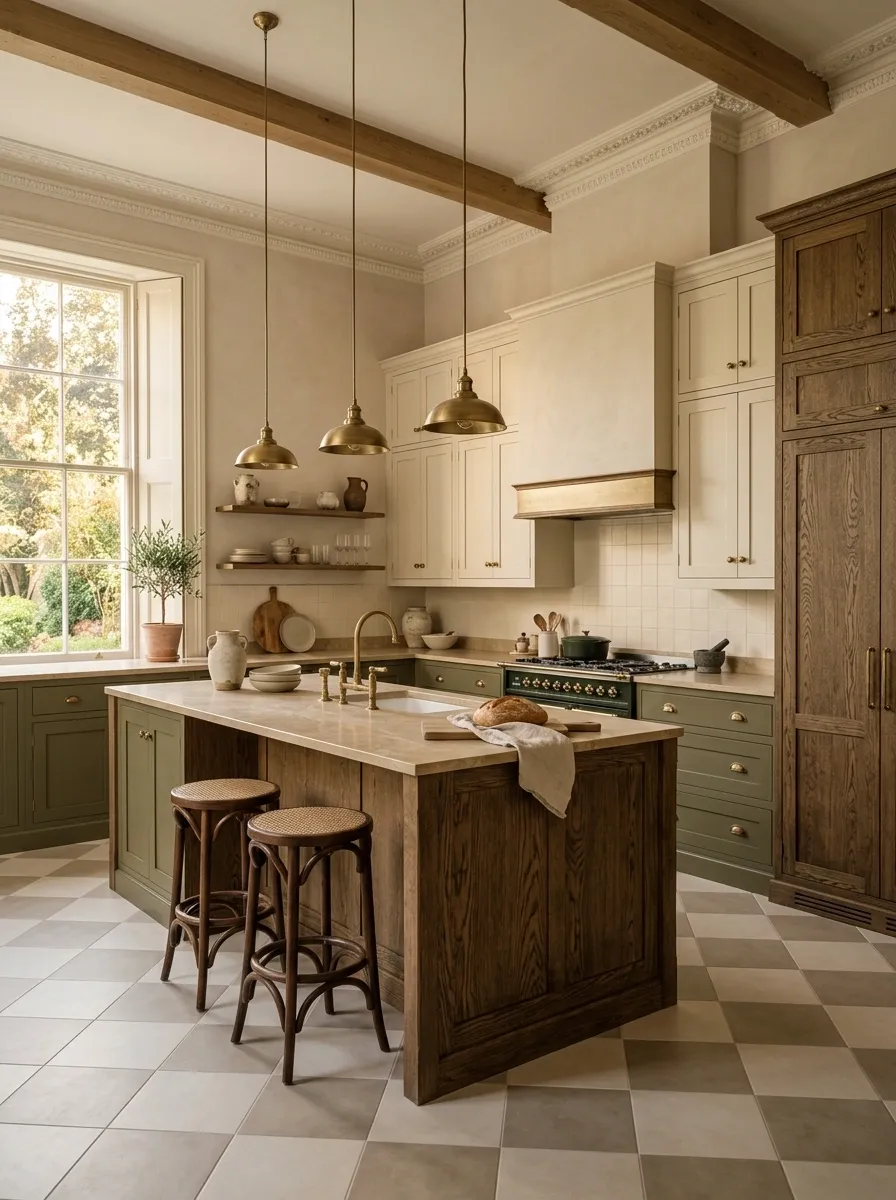 Cream, Olive, and Smoked Oak Vintage Kitchen