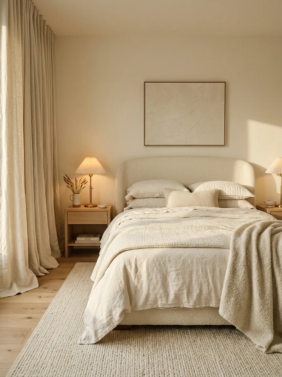 Cream-on-Cream Bedroom With Heavy Curtains and an Upholstered Bed