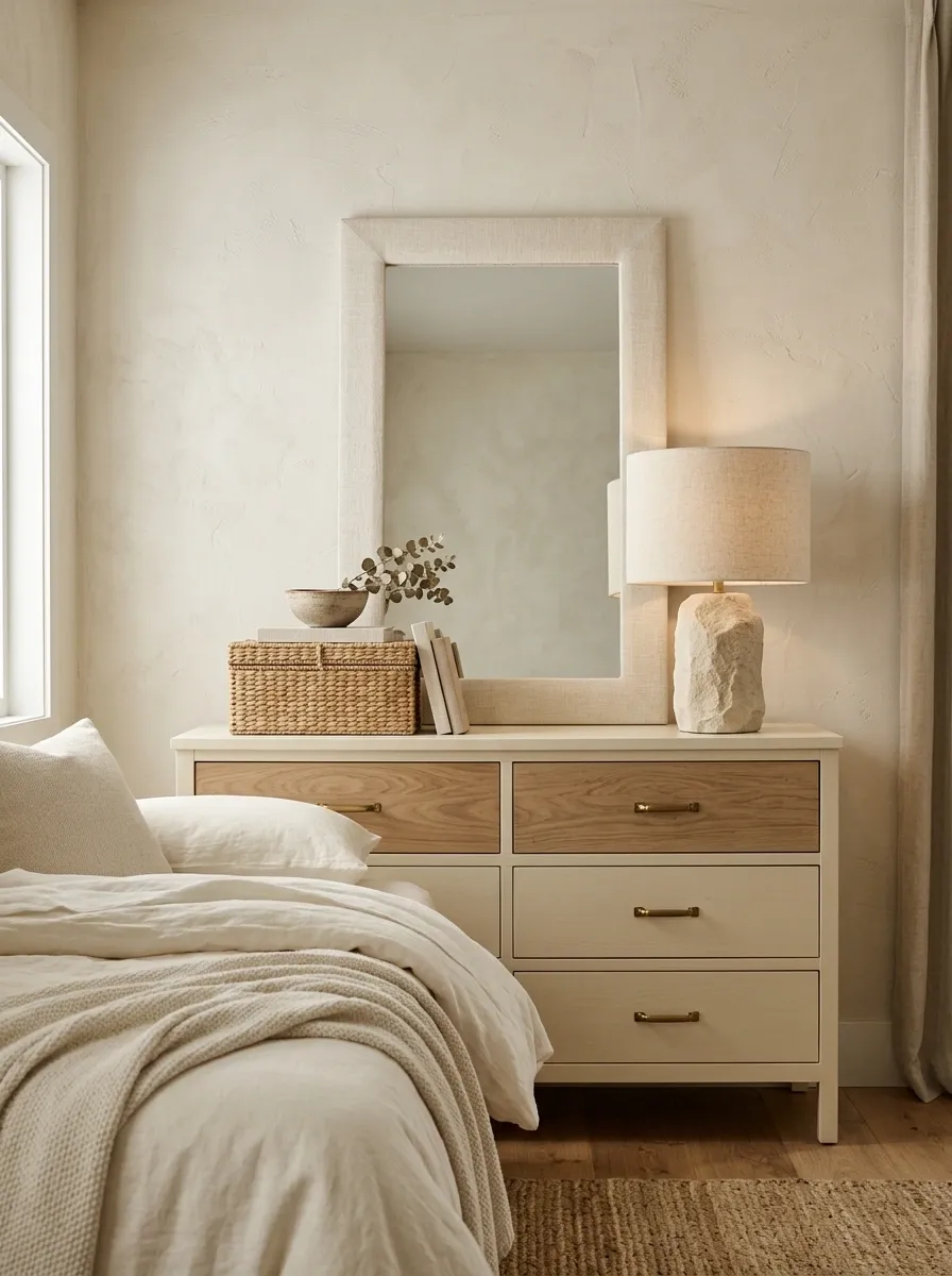 Cream-on-Cream Dresser Wall With Linen and Stone Texture