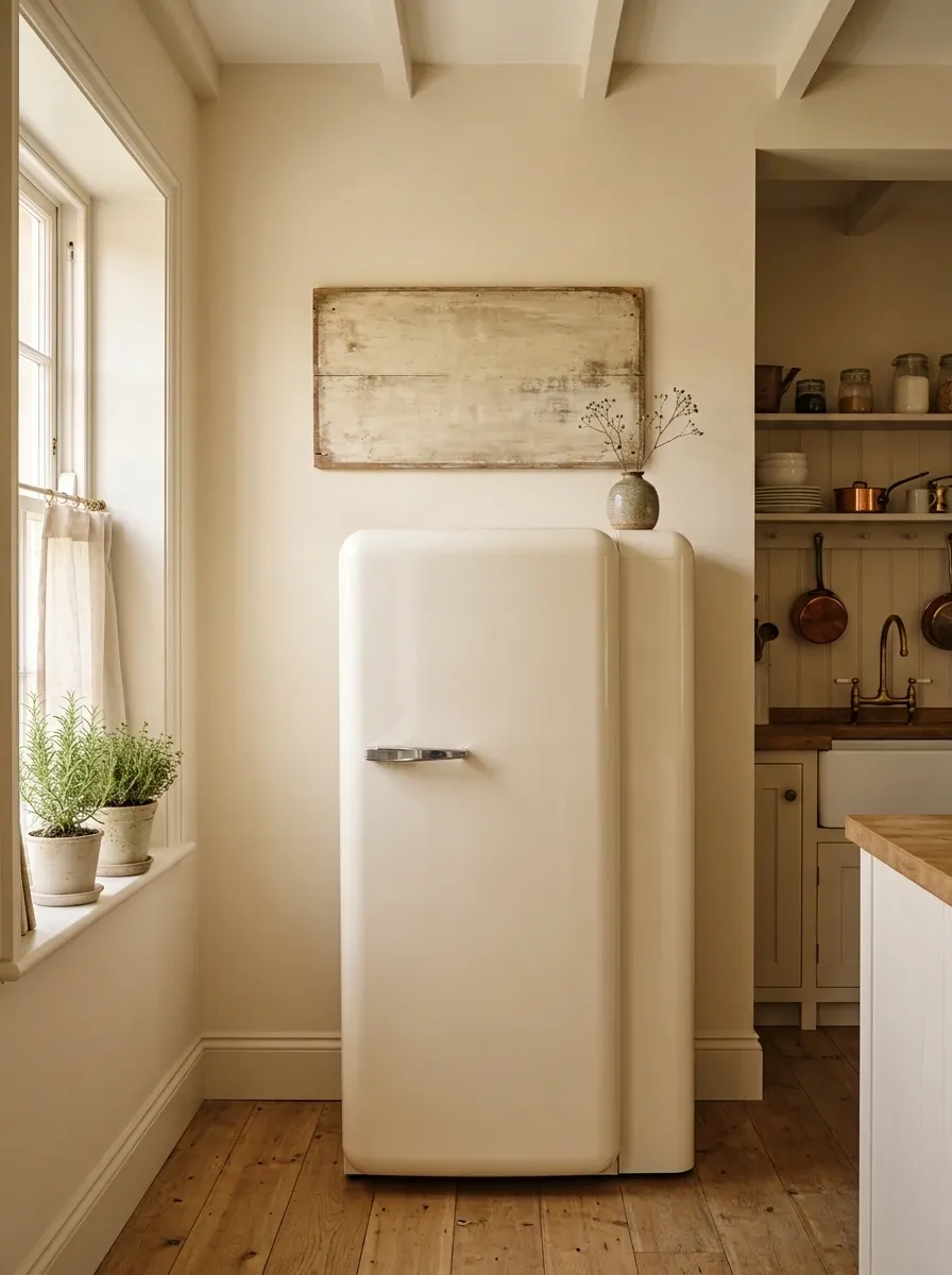 Cream Refrigerator With a Vintage Sign and Tiny Ceramic Accent