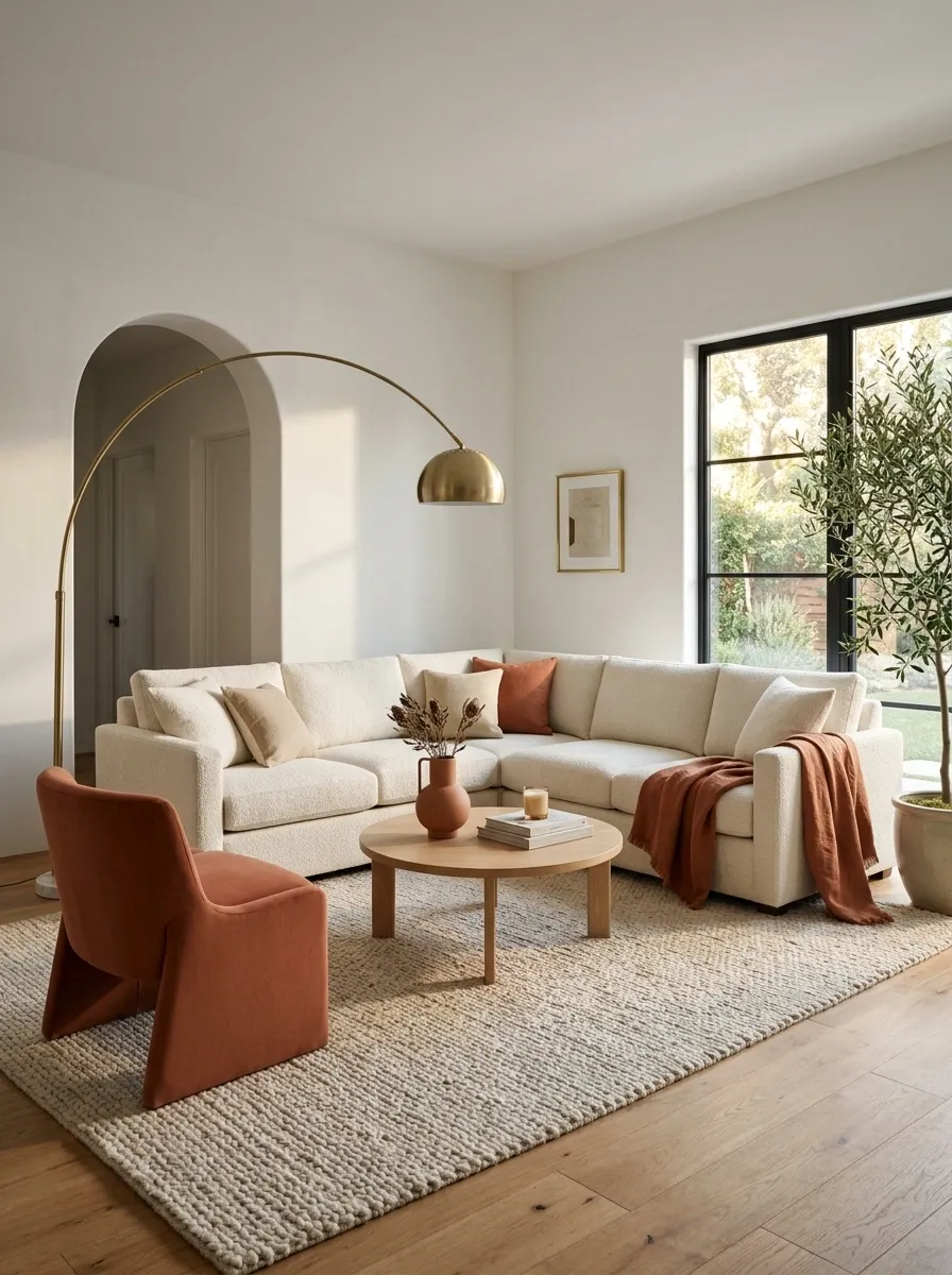 Cream Sectional With Terracotta Accents and a Soft Arched Lamp