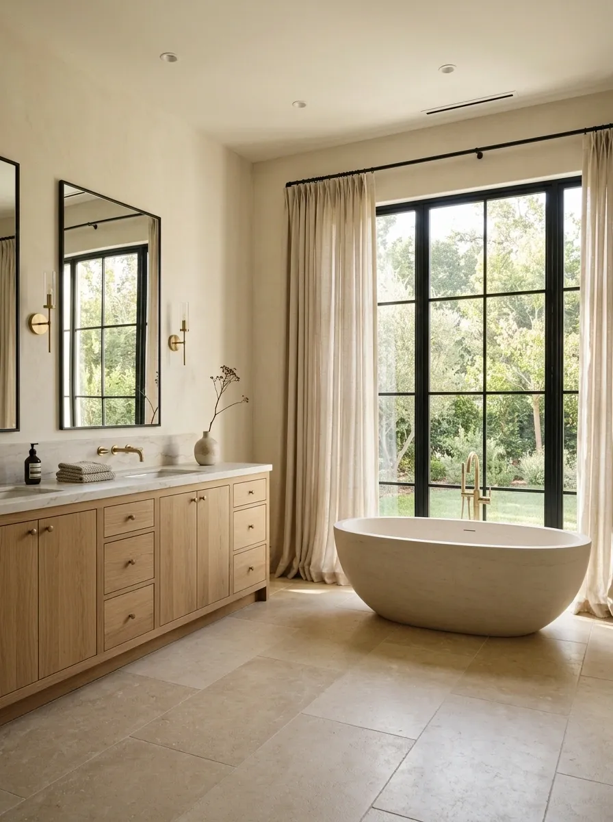 Creamy Beige Bathroom With Soft Black Windows and Natural Linen