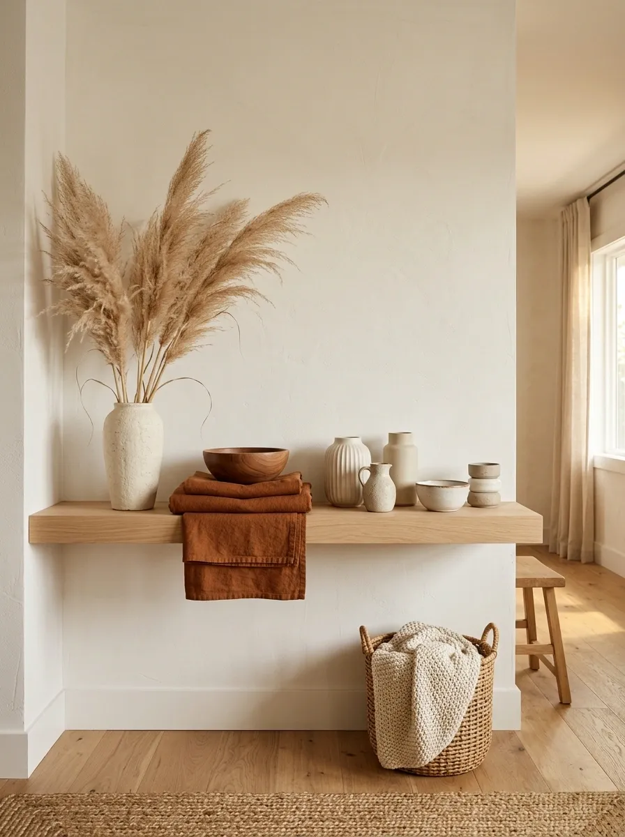 Creamy Neutral Fall Shelf With Rust Linen and Natural Wood
