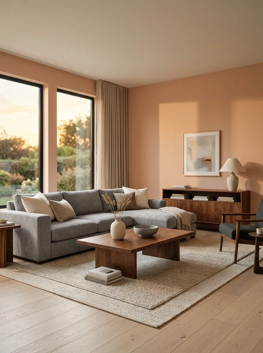 Creamy Peach Living Room With Walnut and Soft Gray