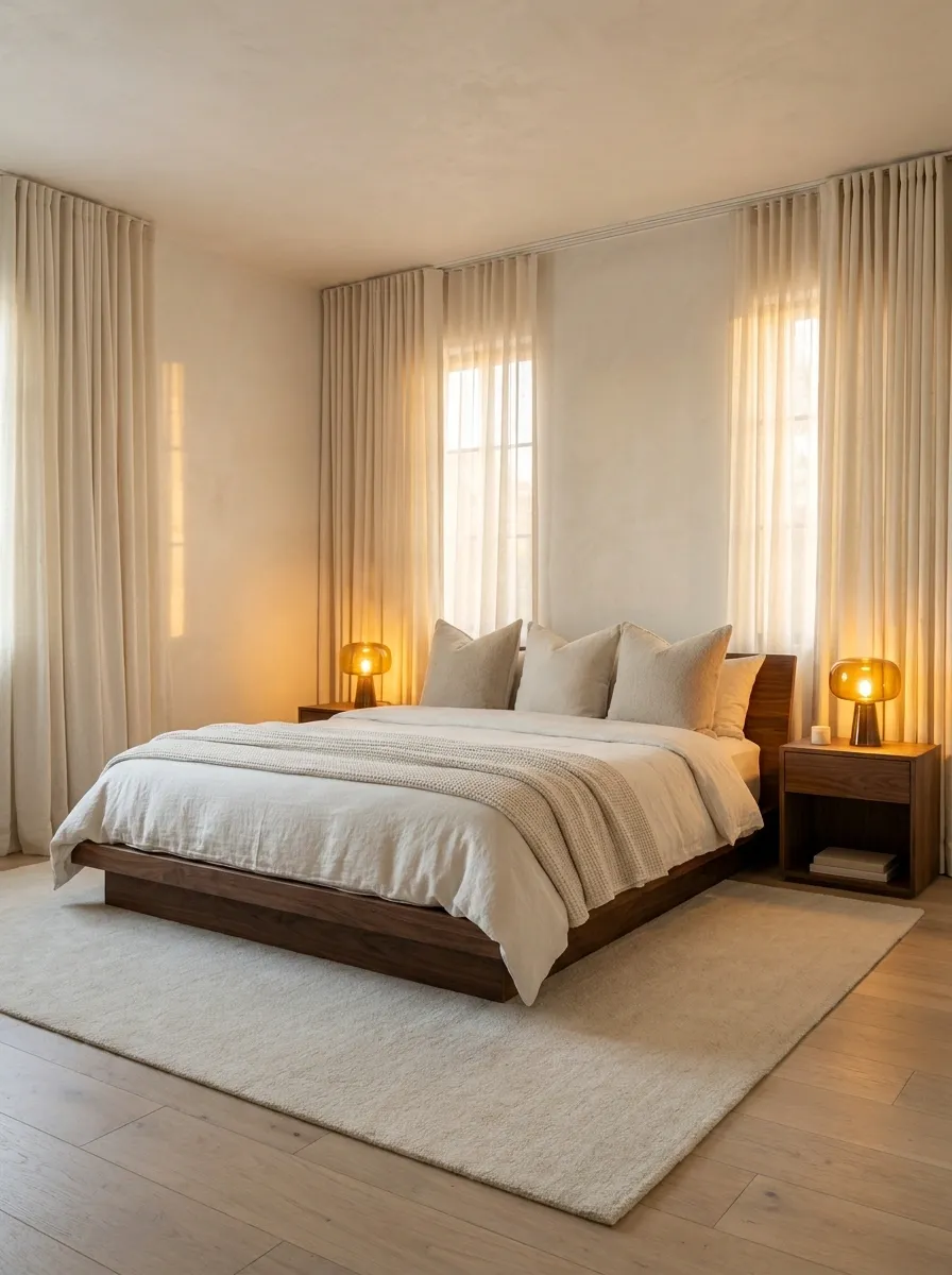 Creamy White Bedroom With Walnut Furniture and Amber Lighting