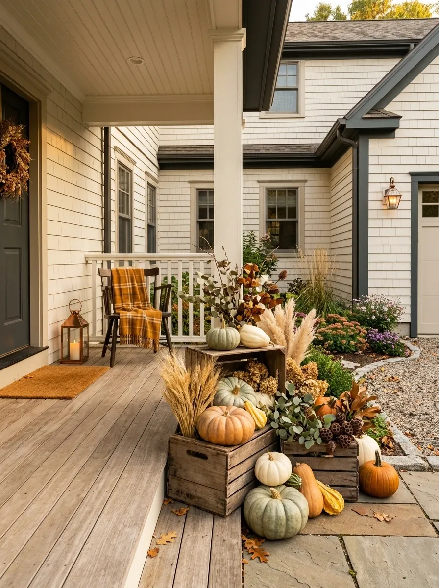 Create a Harvest Corner With Crates, Gourds, and Dried Stems