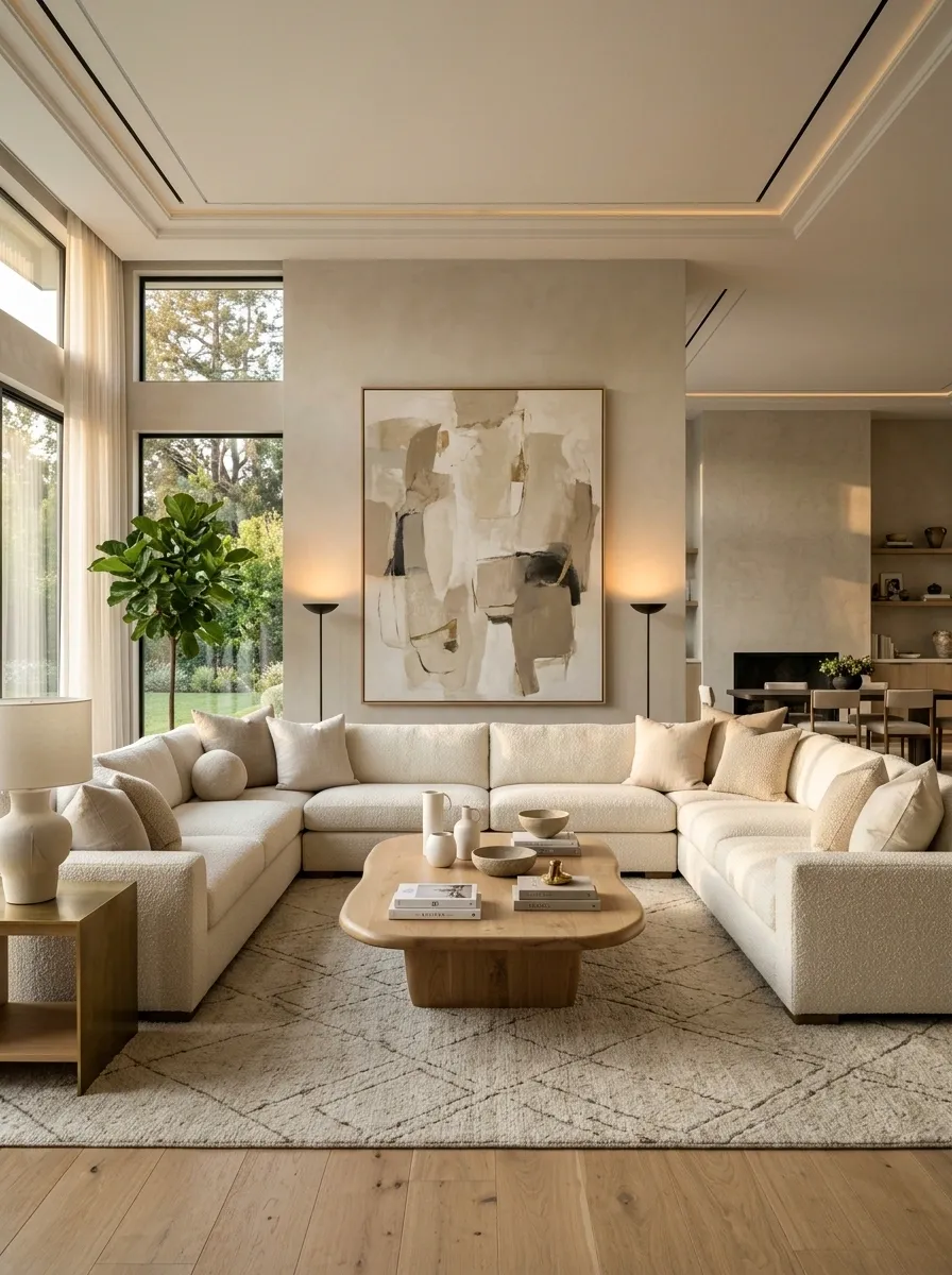 Create a Layered Designer Look With Rug, Table, Lighting, and Art